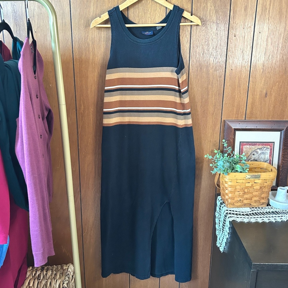 Vintage 100%‎ Cotton Limited America Striped Sleeveless Tank Dress Black Brown S